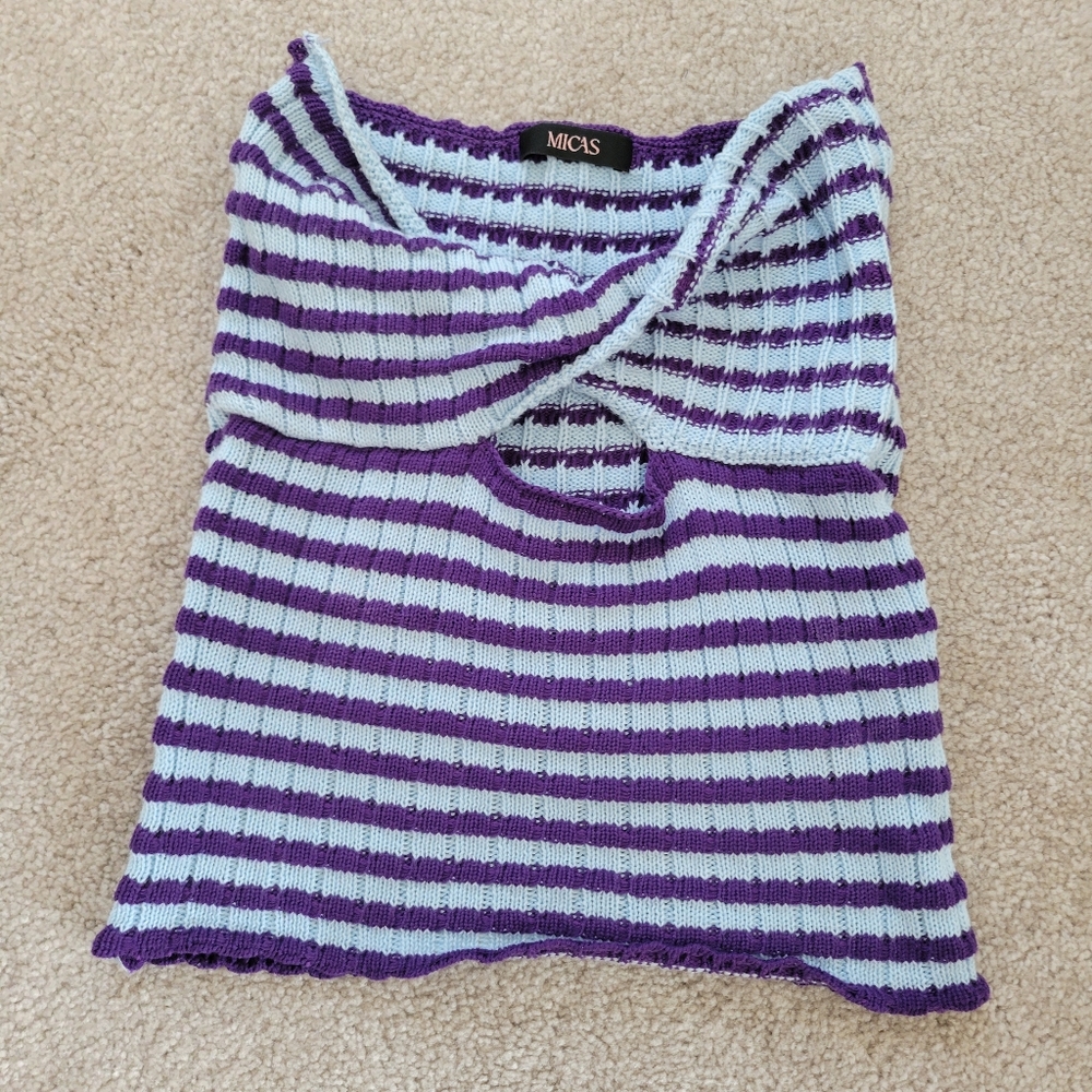 Off-the-Shoulder Purple and White Sweater